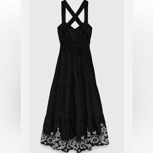 Zara black poplin embroidered midi dress with elastic cross back straps